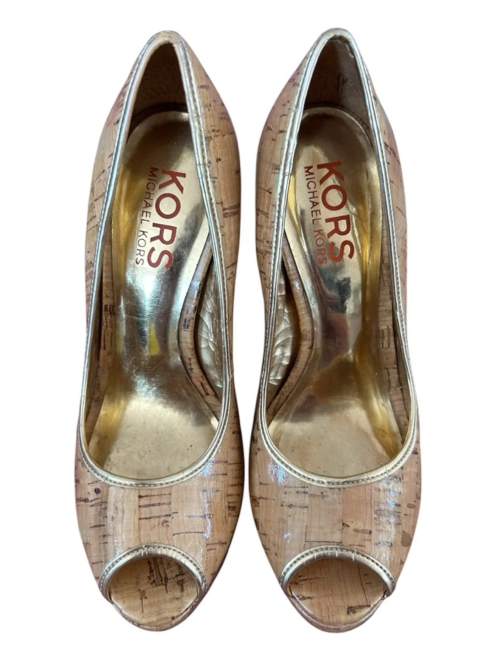 Michael Kors | Women’s Tan Cork Peep-Toe Pumps in Natural W/Gold Lining Size 8.5